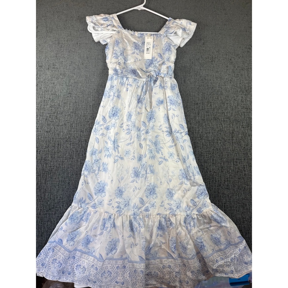 GB Girls Ivory Blue Floral Maxi Dress Ruffle Sleeve Tie Waist Size 8 NWT
